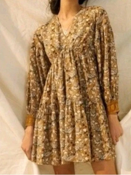 ANTHROPLOGIE Mustard Floral V-Neck Tiered Dress - Picture 2 of 4